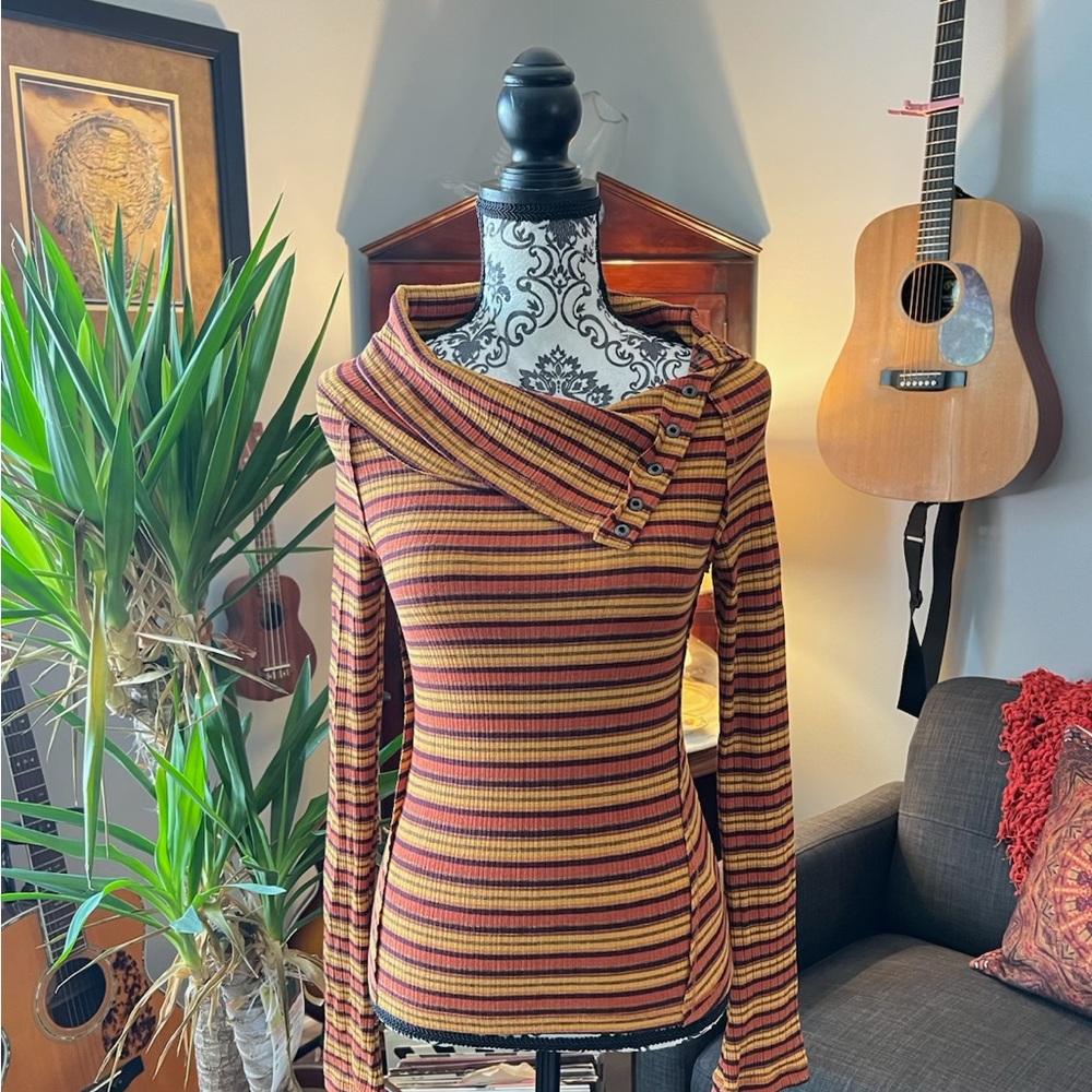 Free People Striped Off-Shoulder Top - Yellow and Brown